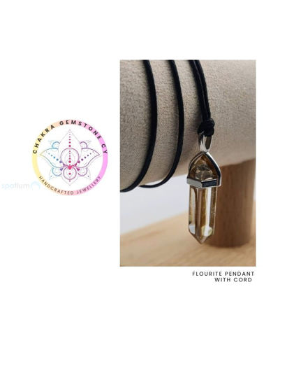 Picture of Clear Quartz THE UNIVERSAL STONE.  Natural Clear Quartz  Natural Gemstone Double Point Pendant with a black cord necklace.