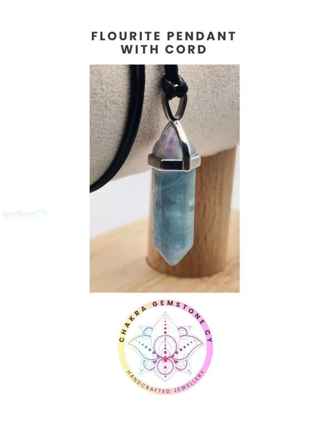 Εικόνα της Flourite THE  ENERGISING STONE. Flourite  Natural Gemstone Double Point Pendant with a black cord necklace.